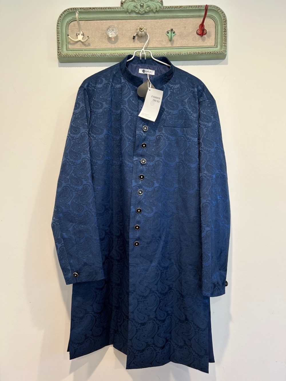 Runcati Men's Medium Paisley brocade Long Collarless Coat dark Blue new